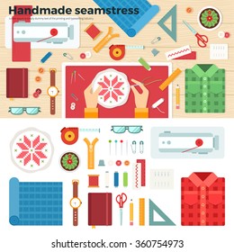 Workplace seamstress. Table with tools for needlework and working hands with embroidery. Top view. For website construction, mobile applications, banners, corporate brochures, book covers, layouts 