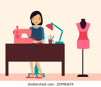 Workplace seamstress. Woman sitting at the table and sewing machine. Vector illustration