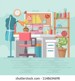 Workplace seamstresses in modern flat design