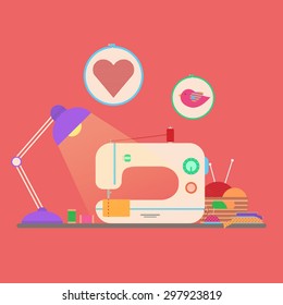 Workplace seamstress.Flat vector illustration