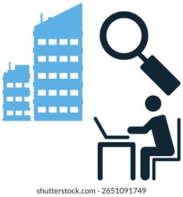 Vetor de ícone de pesquisa no local de trabalho, simbolizando a recuperação de informações, a pesquisa de dados e a eficiência organizacional. Ideal para ilustrar bancos de dados internos, procura de emprego, encontrar recursos dentro de uma empresa