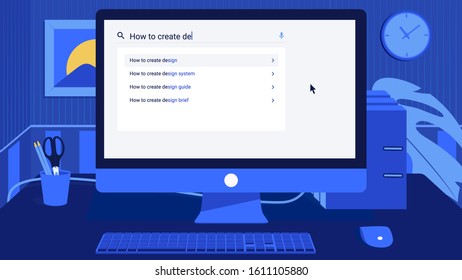 Workplace. Searching for information on the Internet on your computer at your desk