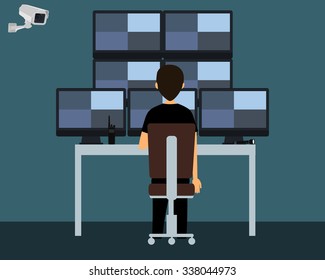 Workplace security guard. The security guard watching a video from surveillance cameras. Vector illustration