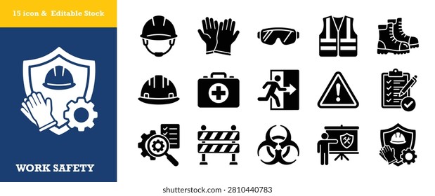 Workplace security icons featuring protective shield helmet gloves first aid kit emergency exit warning signs biohazard symbol reflective vest barrier and safety audit checklist.