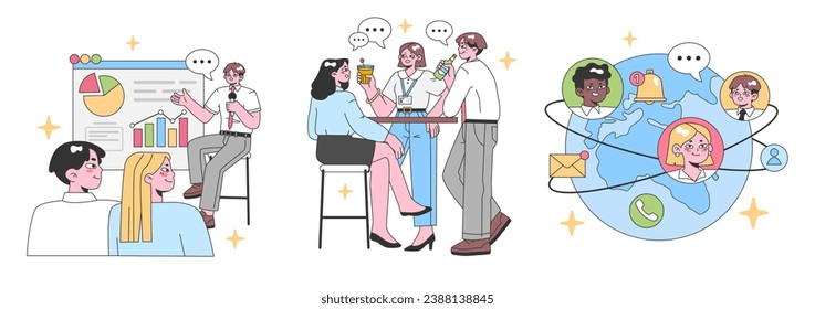 Workplace set. Colleagues analyzing data, casual conversation over coffee, global connectivity and remote team. Employee interactions, worldwide communication. Flat vector illustration.