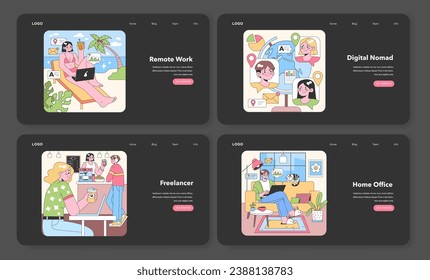 Workplace Set. Exploring modern work lifestyles. Beach relaxation meets laptop duties, global travel with tasks, coffee shops as freelance hubs, cozy corners for home professionals vector illustration