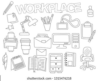 Workplace set of icons and objects. Hand drawn doodle coffee supplies design concept. Black and white outline coloring page game. Monochrome line art. Vector illustration.