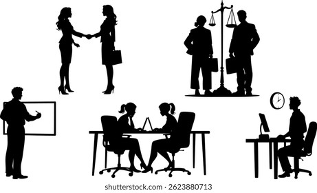 Workplace Silhouette Vector Set of Business People, Office Scenes, and Team Collaboration