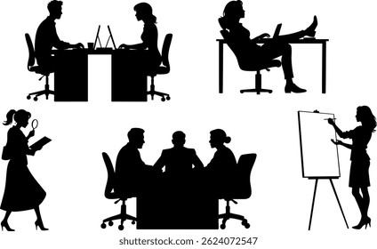 Workplace Silhouette Vector Set of Business People, Office Scenes, and Team Collaboration