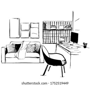 Workplace sketch. Hand drawn interior. Office furniture