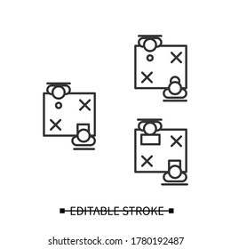 Icono de distancia social del lugar de trabajo. Pictograma lineal de personas sentadas manteniendo una distancia segura. Concepto de medidas de seguridad pandémicas para bibliotecas, coworking y cafés. Ilustración vectorial de trazo editable