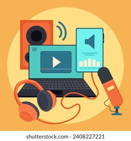 Workplace of sound engineer flat vector illustration. Laptop with microphone, headphones, tablet and speaker box. Audio and video concept