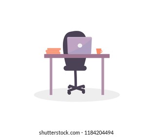 Workplace, space for education, office interior, place for business, desk and chair with laptop, coffee and documents