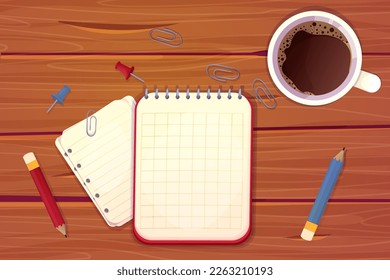 Workplace with stationary, cup with coffee, notebook, paper notes top view on wooden desk, table in cartoon style.