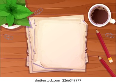 Workplace with stationary, cup with coffee, notebook, paper notes top view on wooden desk, table in cartoon style.