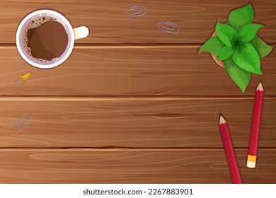 Lugar de trabajo con estacionario, taza con café, cuaderno, notas de papel vista sobre el escritorio de madera, mesa al estilo de dibujos animados.
