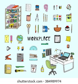 Workplace with stationery. Doodle set. Isolated
