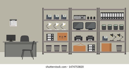 Workplace of the storekeeper. Shelving with office equipment and computer equipment. Storeroom. Warehouse racks. There is also a desk, a computer, a calendar, chairs and other things in the picture