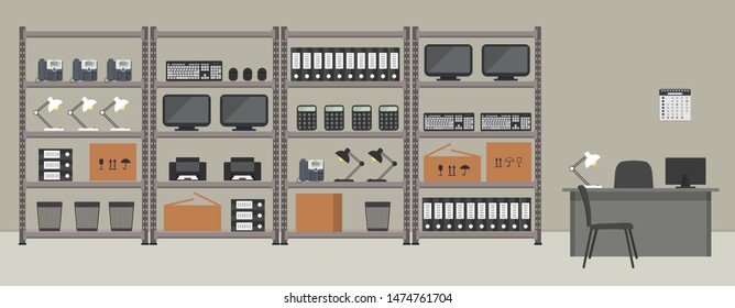 Workplace of the storekeeper. Shelving with office equipment and computer equipment. Storeroom. Warehouse racks. There is also a desk, a computer, a calendar, chairs and other things in the picture.