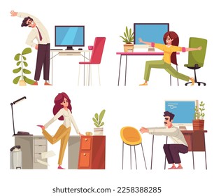 Workplace streches cartoon composition set with people having exercises at desk isolated vector illustration