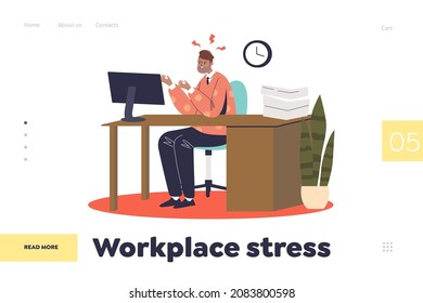 Workplace stress concept of landing page with stressed angry man working on computer. Frustrated male worker suffer from stressful emotions in office. Cartoon flat vector illustration