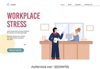 Workplace stress website banner template with aggressive angry boss screaming on employee, flat cartoon vector illustration. Working ethic problems and rules.