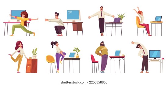 Workplace stretches cartoo icons set with people having exercises in office isolated vector illustration