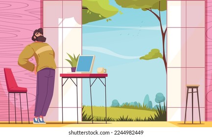 Workplace stretches cartoon poster with man in home office vector illustration