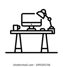 Workplace. Stroke outline style. Vector. Isolate on white background.