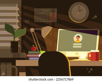 Workplace of a student with a computer. Login window. Childrens room in the evening. Vector illustration