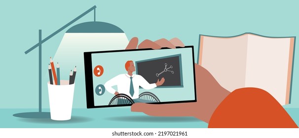 Workplace of student of school or college, flat vector stock illustration with learning table online lecture of inclusive teacher