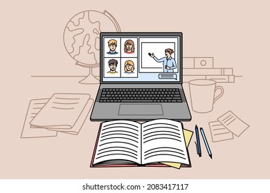 Workplace Of Student Study Online With Laptop On Lockdown At Home. Desk With Computer Internet Class And Books. Remote Education. New Normal Concept. Distant Learning. Vector Illustration.