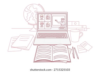 Local de trabalho do estudante estuda on-line com o laptop bloqueado em casa. Mesa com aula de Internet de computador e livros. Educação à distância. Novo conceito normal. Aprendizagem à distância. Ilustração vetorial.