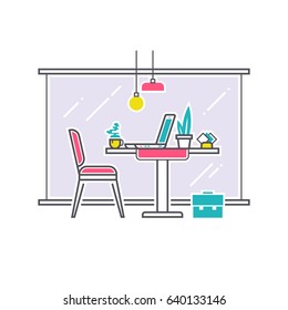 Workplace or studying place interior. Cafe work space concept. Modern vector thin line illustration