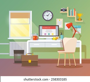 Workplace in sunny room. Stylish and modern interior.Quality design illustration, elements and concept. Flat style.