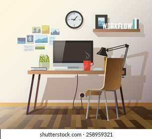 Workplace in sunny room. Stylish and modern interior.Quality design illustration, elements and concept. Flat style.#3