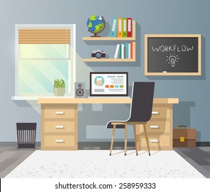 Workplace in sunny room. Stylish and modern interior.Quality design illustration, elements and concept. Flat style.#2