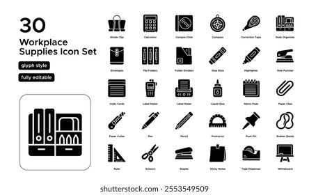 Workplace Supplies Glyph Icon Set: Stationery, Organizational Tools, and Office Essentials Icons