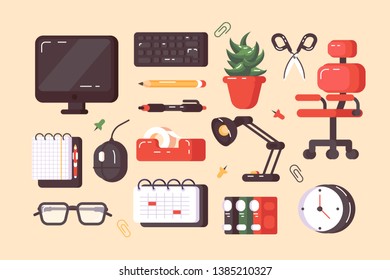 Workplace supplies set vector illustration. Composition consists of pc lamp notebook chair clock keyboard calendar folders flat style concept. Modern equipments for work position. Isolated on beige