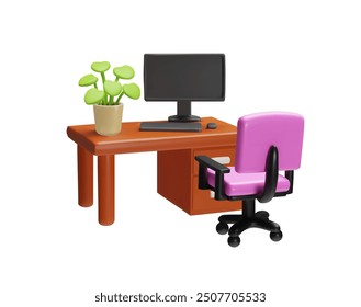 Lugar de trabajo con mesa, silla y Vector de computadora ilustración de render. Muebles del hogar o de la oficina, planta en maceta. Acogedor interior de diseño volumétrico aislado sobre fondo blanco