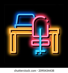 workplace table and chair neon light sign vector. Glowing bright icon workplace table and chair sign. transparent symbol illustration