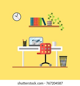 workplace: table with computer, chair, clock, bookshelf and paper basket