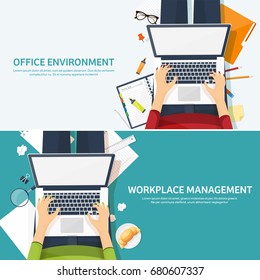 Workplace with table and computer. Laptop,documents,papers,notepad,pencil. Paperwork. Office work,job. Workspace management. Creative design.