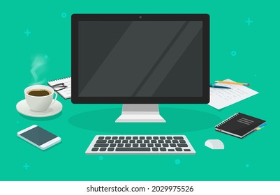 Workplace table desk with computer blank empty screen for copy space vector 3d cartoon illustration, work place for education or office with pc display for presentation modern 