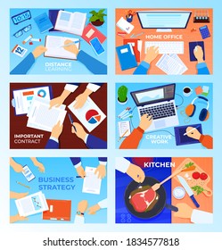 Workplace table desk top view vector illustration set. Cartoon flat businessman hands and home or business office desktop for work and study on computer or laptop, chef table for cooking background