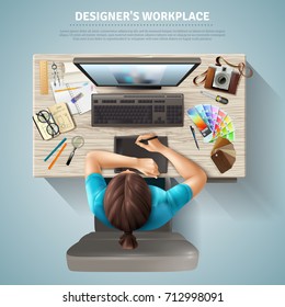 Workplace table of female designer with computer camera and stationery top view realistic vector illustration