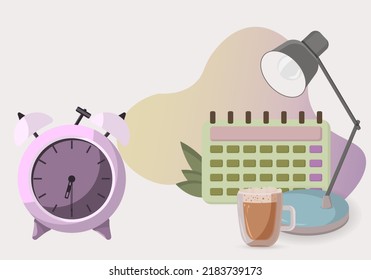 Workplace with table lamp, alarm clock and coffee cup. Preparation for exams. The concept of self-education.