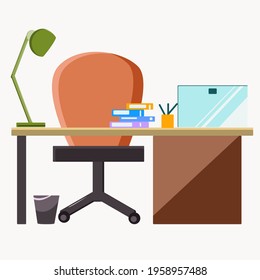 Workplace with table, laptop and lamp. For study or work. Isolated element on a white background.