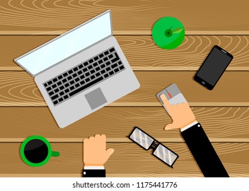 Workplace table with laptop. Work space office desk. Hand hold coumputer mouse. Coffee and green apple, smartphone and glasses. Vector illustration