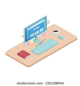 Workplace at the table with a personal computer. Isometry. Desktop detailing-included monitor, loaded web page, hanging stickers, next to the diary, coffee, pencils.